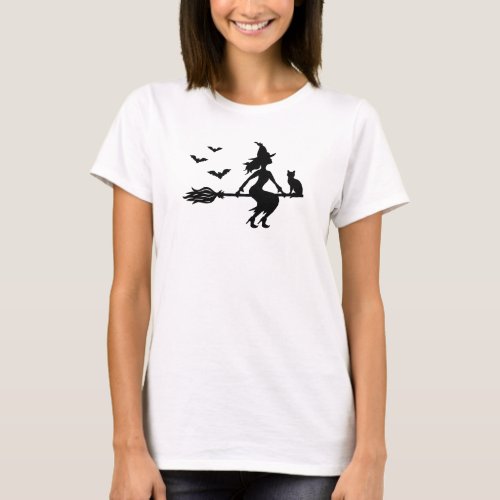 Witch On A Broomstick With Cat And Bats Halloween T_Shirt