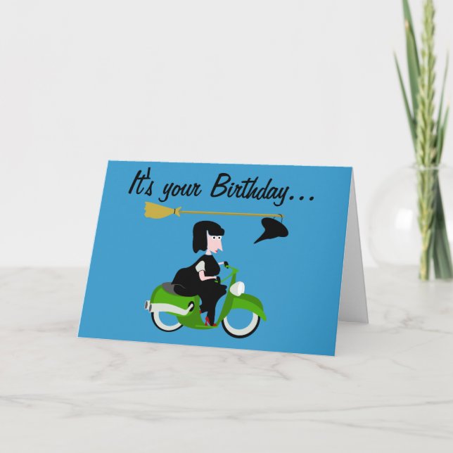 Witch on a Motor bike Birthday card (Front)