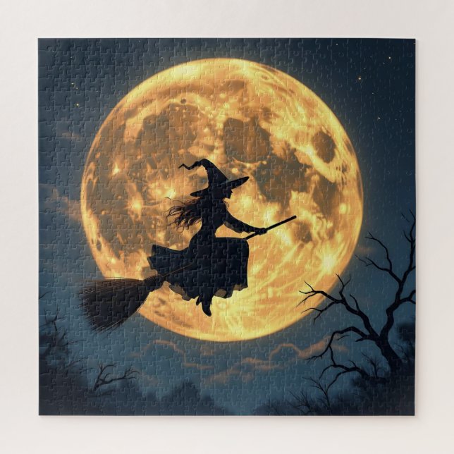 Witch on Broom by Full Moon Halloween Jigsaw Puzzle (Vertical)
