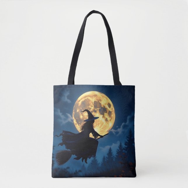 Witch on Broom by Full Moon Halloween Tote Bag (Front)