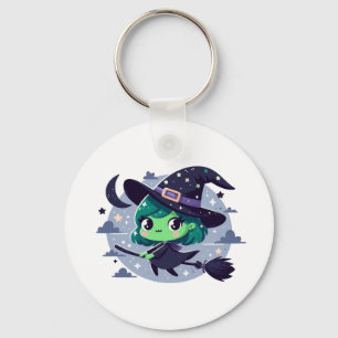 Witch on Broom Halloween Cute Cartoon Moon Bats Keychain