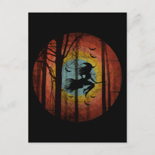 WITCH ON BROOM IN THE WOODS FOREST POSTCARD