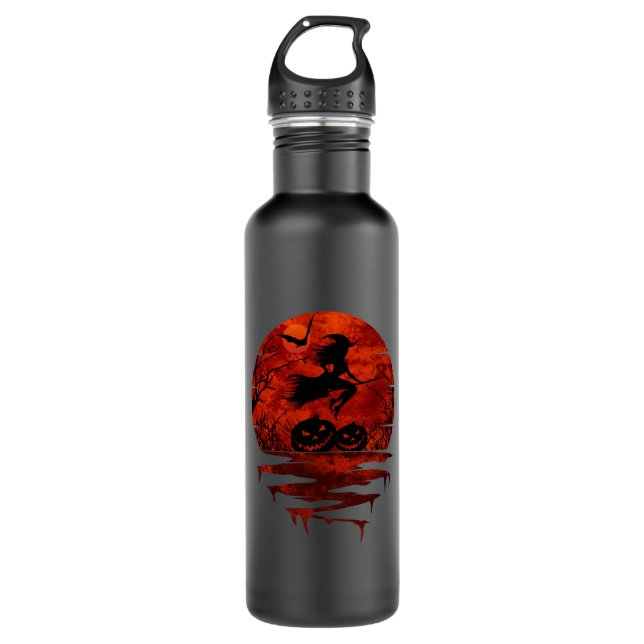 WITCH ON BROOM RED MOON STAINLESS STEEL WATER BOTTLE (Front)
