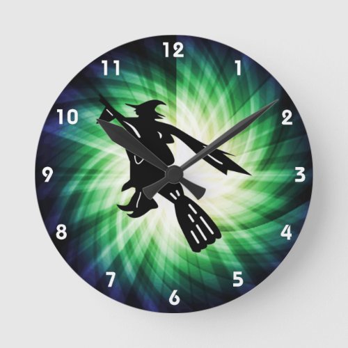 Witch on Broom Silhouette Round Clock