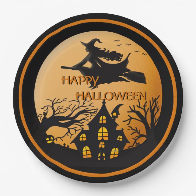 Witch on Broom Spooky Halloween House Trees Paper Plates (Front)