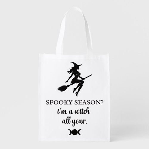 witch on broom & triple moon customizable grocery bag