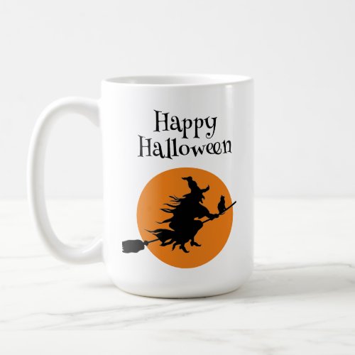 Witch on Broom with Cat and Moon Coffee Mug