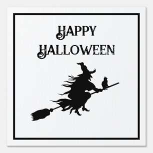 Witch on Broom with Cat Classic Black and White Sign