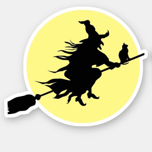 Witch on Broom with Cat silhouette and Moon Sticker
