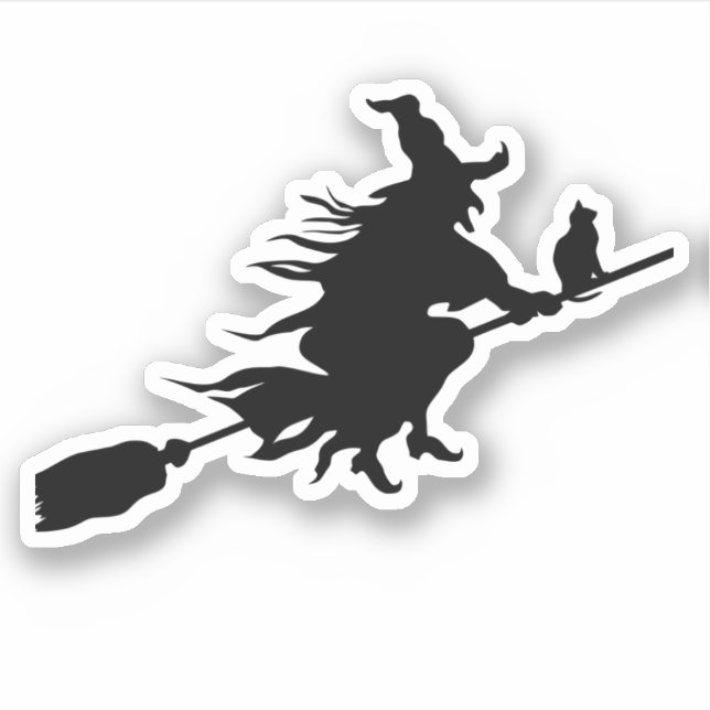 Witch on Broom with Cat silhouette Sticker (Front)