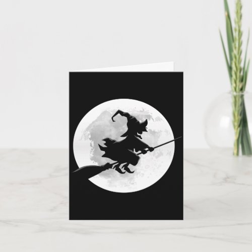 Witch on broom with full moon funny design for card