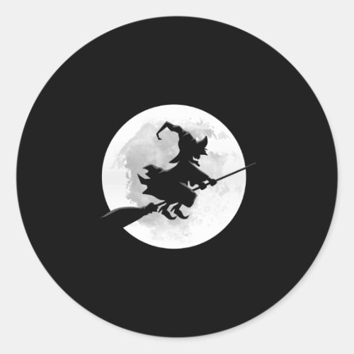 Witch on broom with full moon funny design for classic round sticker
