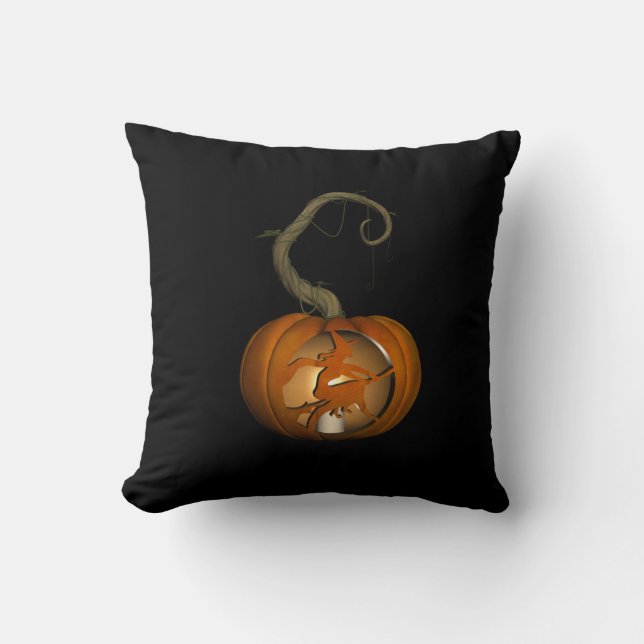 Witch on Broomstick Carved Pumpkin Throw Pillow (Front)