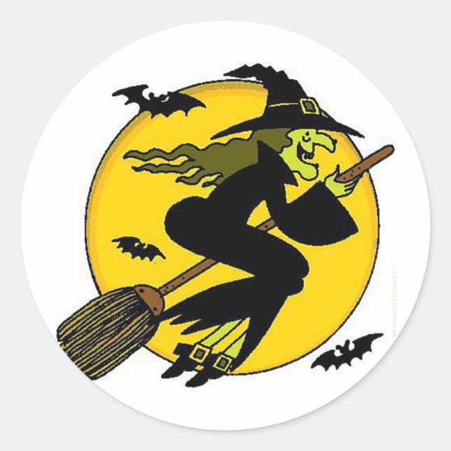 Witch On Broomstick Classic Round Sticker (Front)