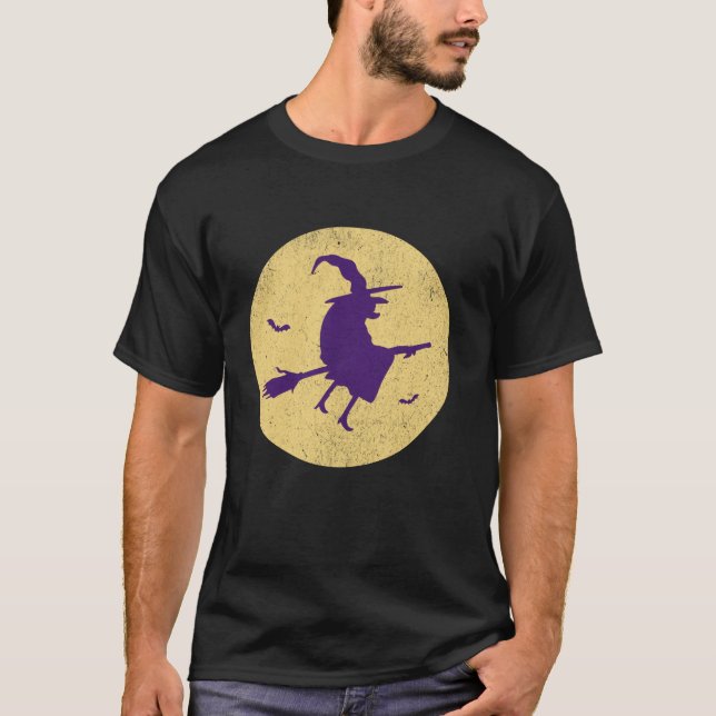 Witch on Broomstick Full Moon Bat Halloween Costum T-Shirt (Front)