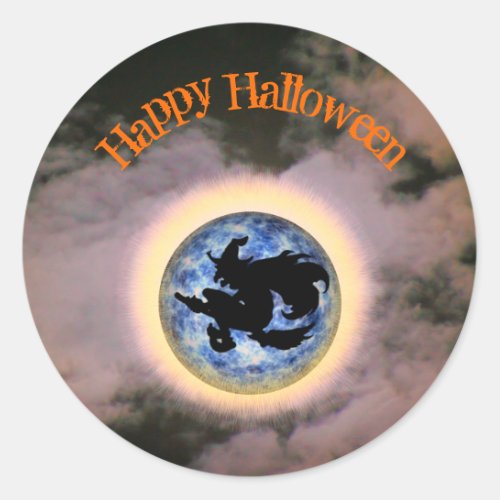 Witch On Broomstick Full Moon Halloween Classic Round Sticker