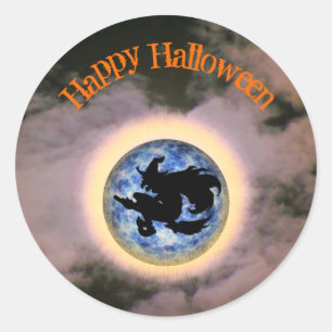 Witch On Broomstick Full Moon Halloween Classic Round Sticker