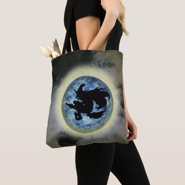 Witch On Broomstick Full Moon Tote Bag (Close Up)