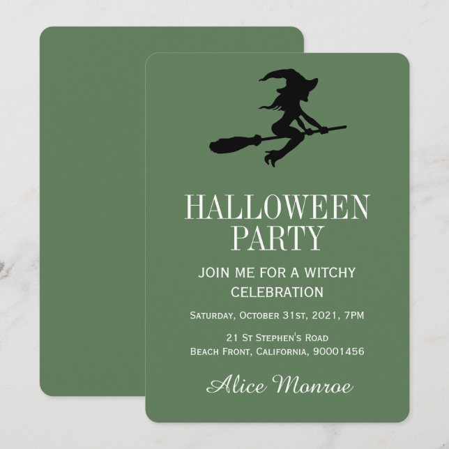 Witch On Broomstick, Halloween Party Invitation (Front/Back)