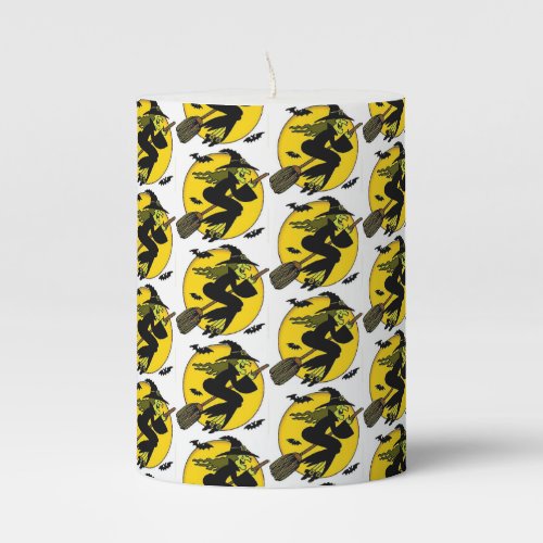 Witch On Broomstick Halloween Pattern Pillar Candle