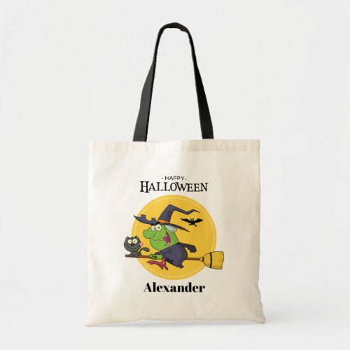 Witch on Broomstick Kids Halloween Trick or Treat Tote Bag