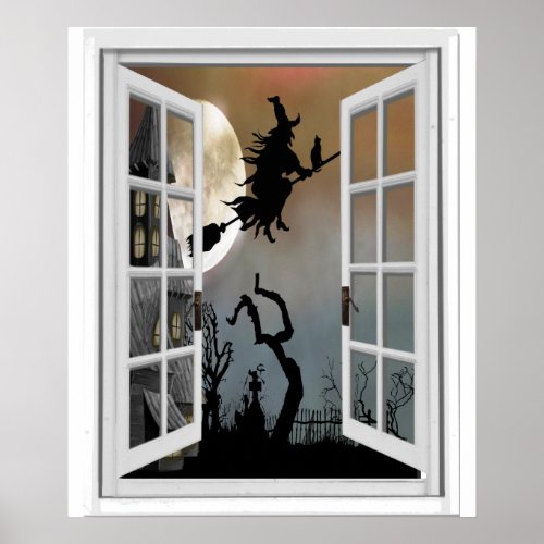 Witch On Broomstick Window View Halloween Poster