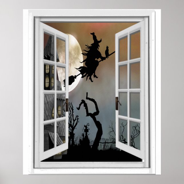 Witch On Broomstick Window View Halloween Poster (Front)