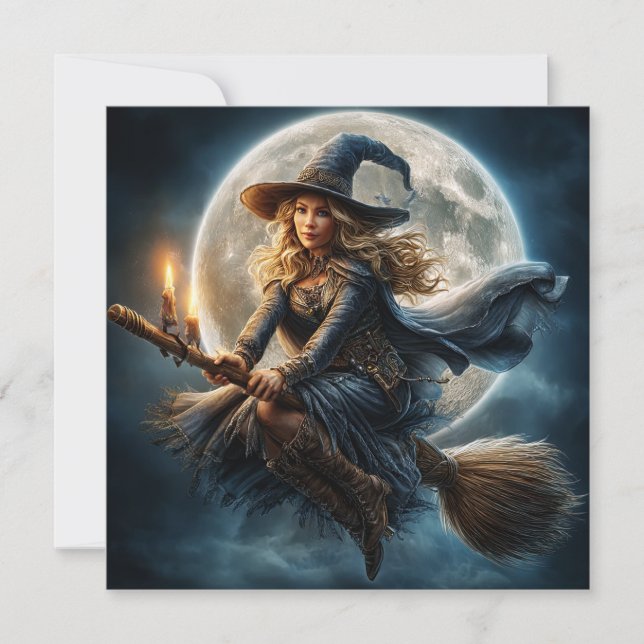 Witch on Broomstick with Black Cat Card (Front)