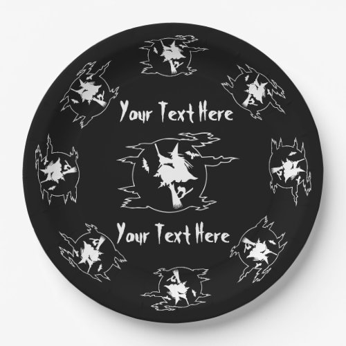 witch on broomstick with cat and bat halloween  paper plates