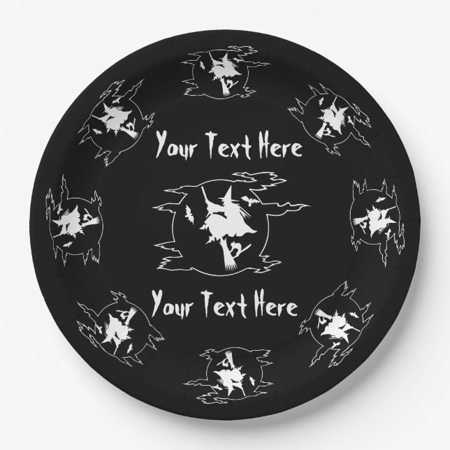 witch on broomstick with cat and bat halloween  paper plates (Front)