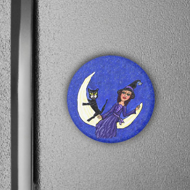 Witch On Crescent Moon Black Cat Magnet (Witch purple dress with black cat on crescent moon night blue sky with stars on magnet.)