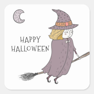 Witch On Flying Broomstick Happy Halloween Square Sticker