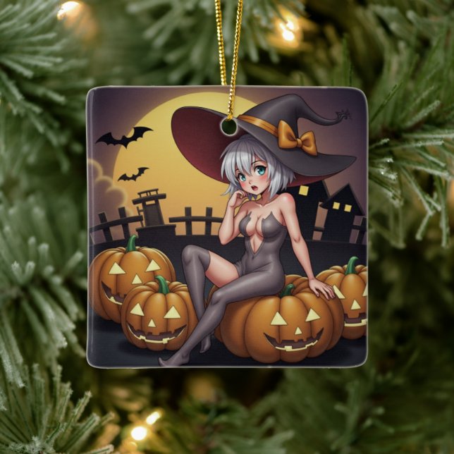 Witch on Jack-O-Lantern Halloween Farm Ceramic Ornament (Tree)