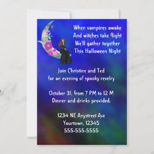 Witch on Moon with Flower & Spider Halloween Party Invitation