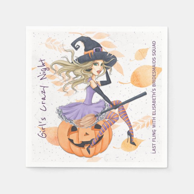 Witch on pumpkin Halloween bachelorette party Napkins (Front)