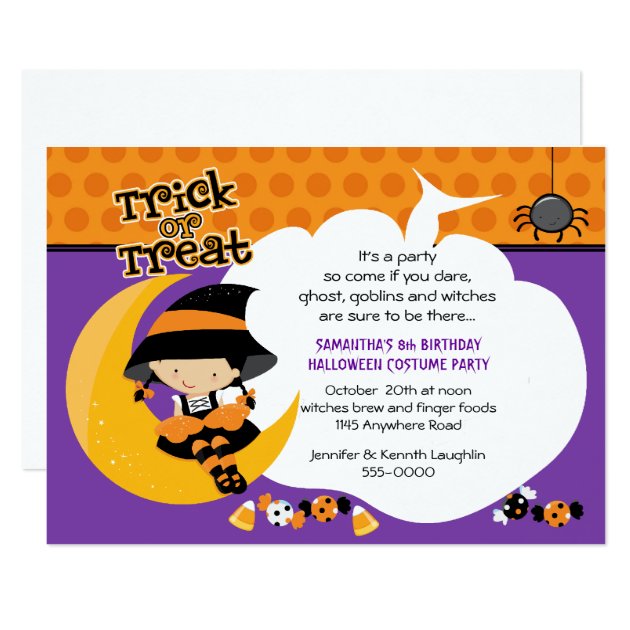 Witch On The Moon Halloween Birthday Invitation