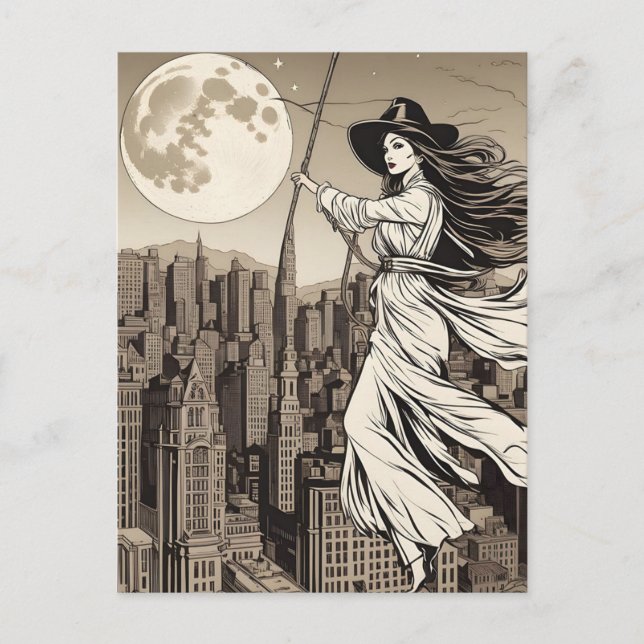 Witch Over the City on a Full Moon, Halloween Postcard (Front)