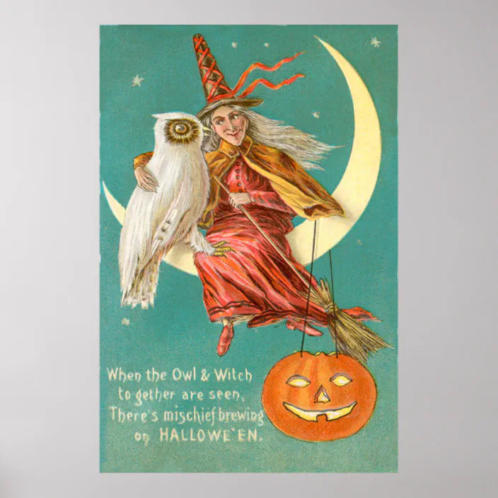 Trick or Treat Halloween Night Witch Ghost Full Moon Owl Wall Art Print
