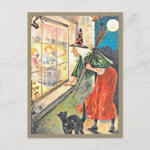 Witch Peering Through Window _ Vintage Halloween Postcard
