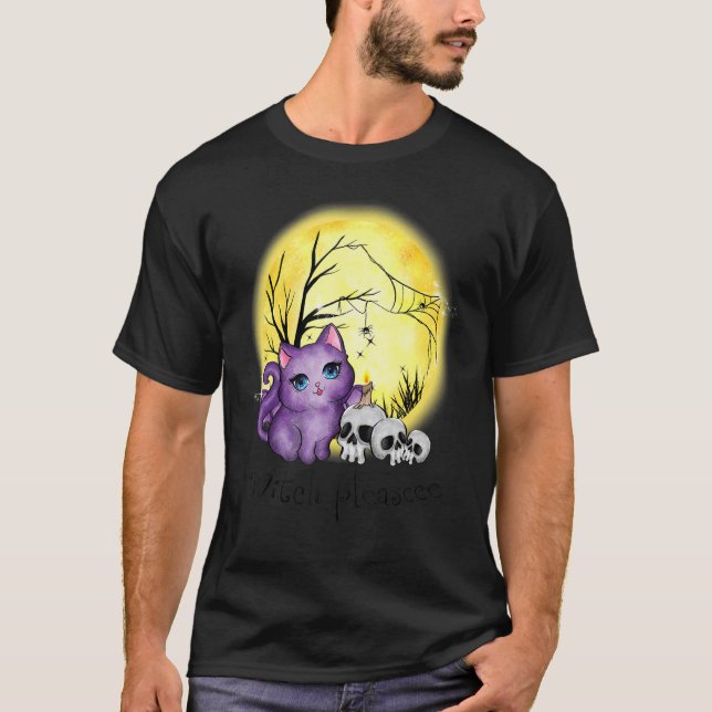 Witch Please Cute Cat With Spiderweb And Skulls Ha T-Shirt (Front)