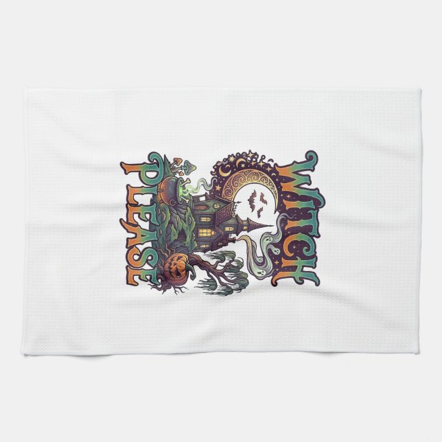 Witch Please Haunted House Crescent Moon Cauldron  Kitchen Towel (Horizontal)