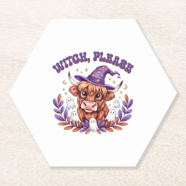 Witch Please Highland Cow Halloween Paper Coaster (Front)