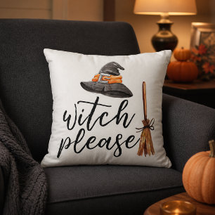 Witch Please Watercolor Halloween White Throw Pillow