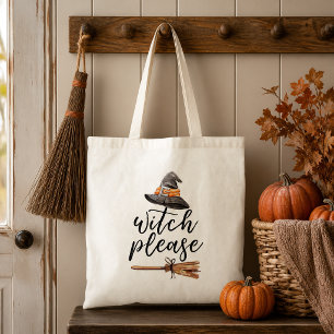 Witch Please Watercolor Hat and Broom Halloween Tote Bag