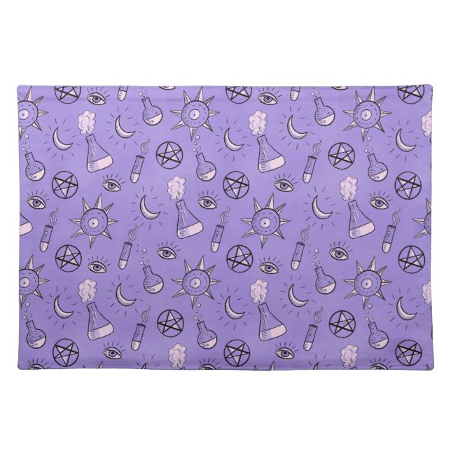 Witch Potions Purple Alchemy Pattern Halloween Cloth Placemat (Front)