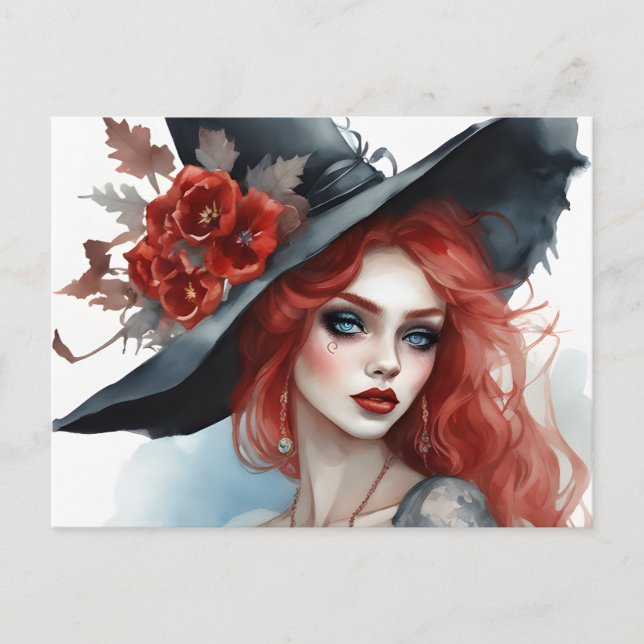 Witch Pretty Girl Red Flower Magical Postcard (Front)