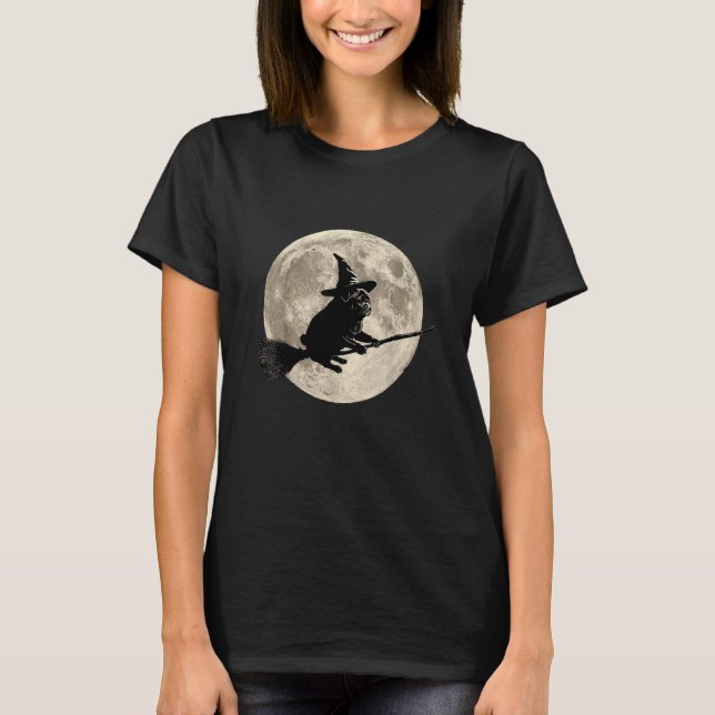 Witch Pug Flying Broom Full Moon Halloween Night T-Shirt (Front)
