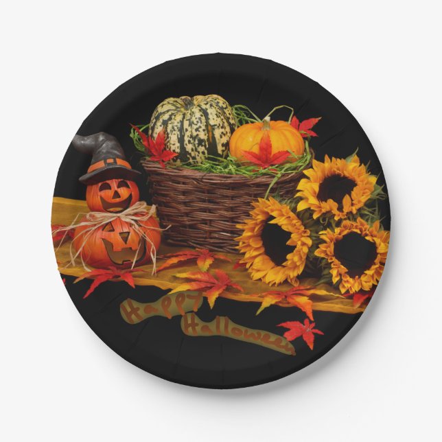Witch Pumpkin and Sunflowers Halloween Paper Plates (Front)