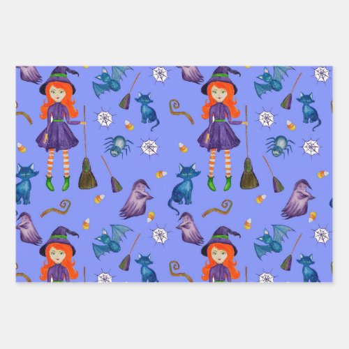 Witch Pumpkin Black Cat Design Perfect Halloween Wrapping Paper Sheets