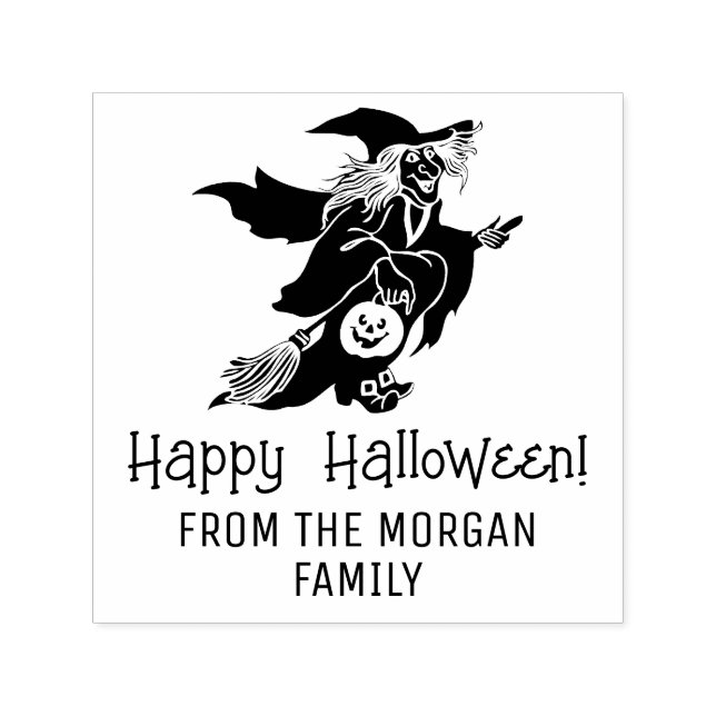 Witch & Pumpkin Silhouette Happy Halloween Name Self-inking Stamp (Design)